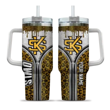 custom kennesaw state owls leopard zipper gold curved tumbler best selling.webp