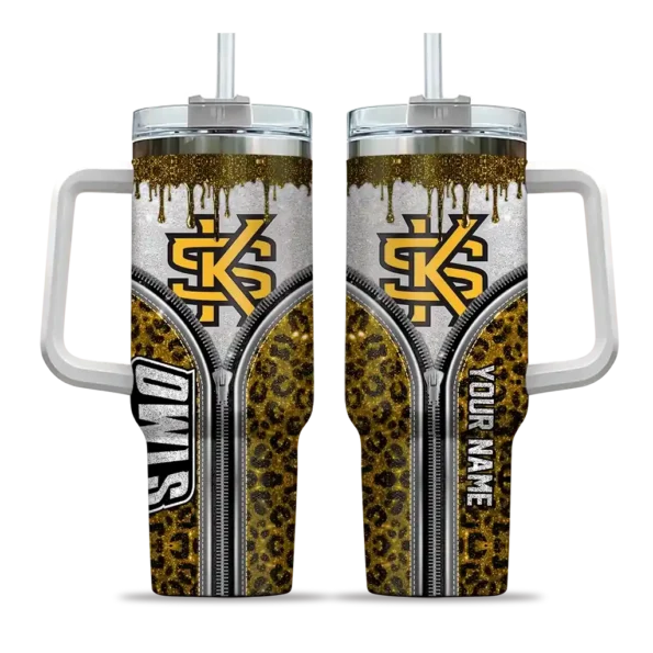 custom kennesaw state owls leopard zipper gold curved tumbler best selling.webp
