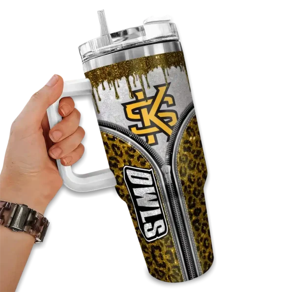custom kennesaw state owls leopard zipper gold curved tumbler fashion forward.webp