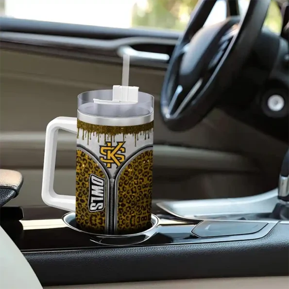 custom kennesaw state owls leopard zipper gold curved tumbler trendy.webp