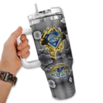custom kent state golden flashes superman shield navy blue gray curved tumbler best selling.webp