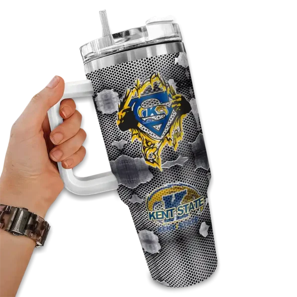 custom kent state golden flashes superman shield navy blue gray curved tumbler fashion forward.webp