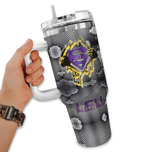 custom lsu tigers superman shield purple gray curved tumbler fashion forward.webp