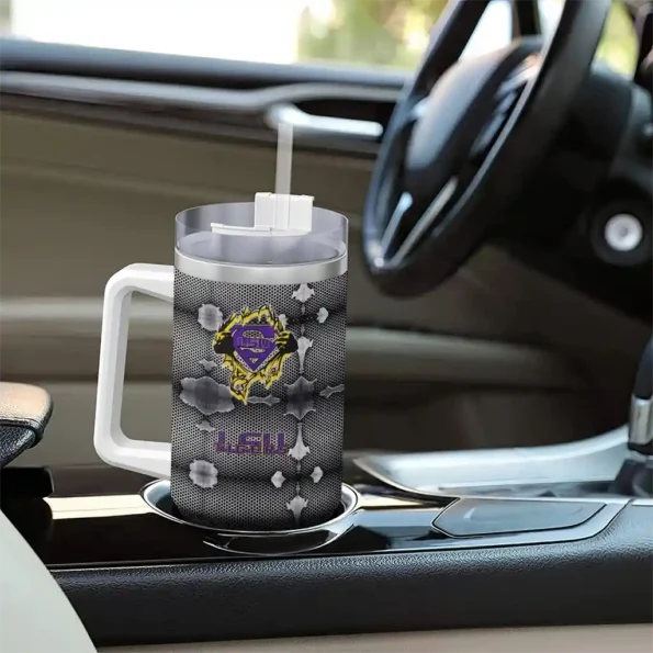 custom lsu tigers superman shield purple gray curved tumbler trendy.webp