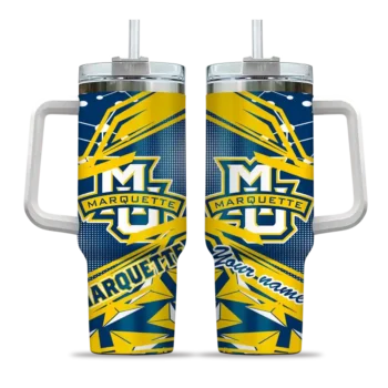 custom marquette golden eagles abstract paths blue curved tumbler best selling.webp