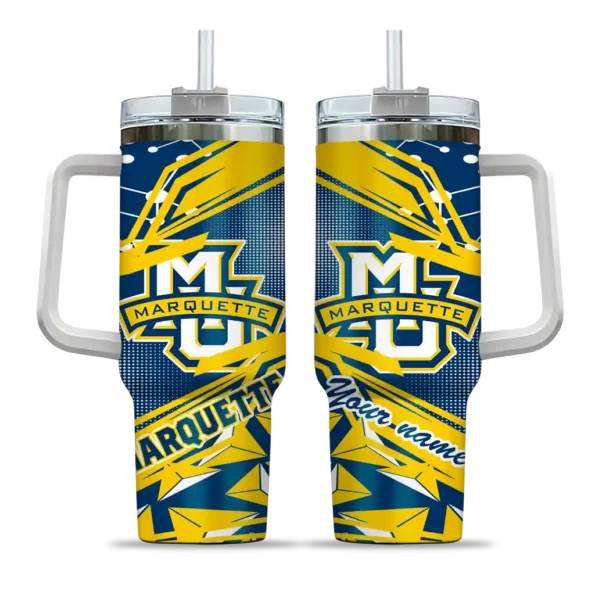 custom marquette golden eagles abstract paths blue curved tumbler best selling.webp