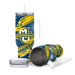 custom marquette golden eagles abstract paths blue curved tumbler best selling.webp