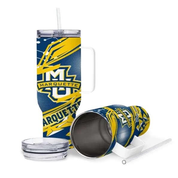 custom marquette golden eagles abstract paths blue curved tumbler high quality.webp