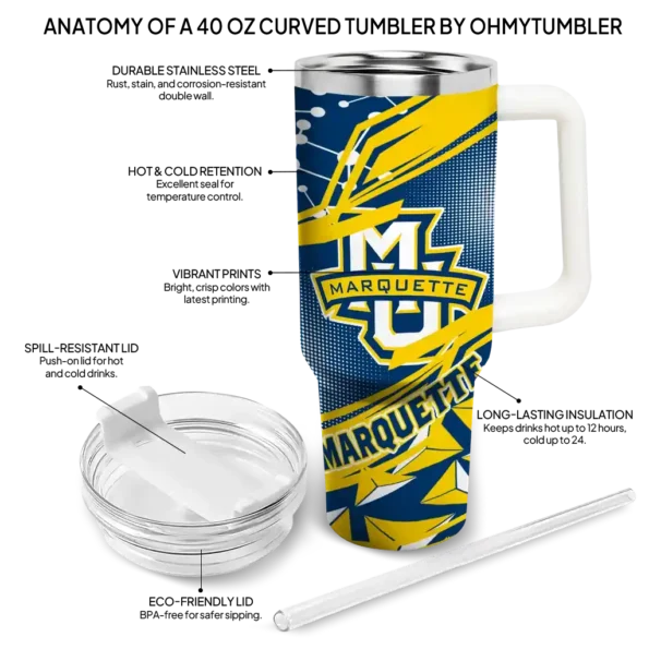 custom marquette golden eagles abstract paths blue curved tumbler new arrival.webp