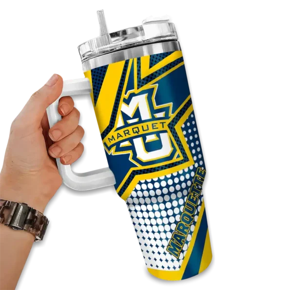 custom marquette golden eagles arrow burst blue curved tumbler fashion forward.webp