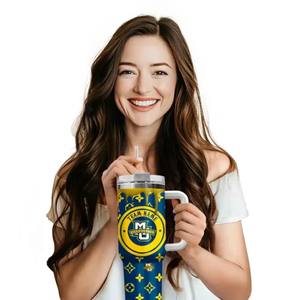 custom marquette golden eagles bullseye drips blue curved tumbler premium grade.webp