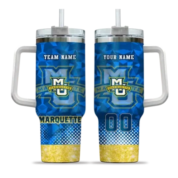 custom marquette golden eagles geometric prism blue curved tumbler best selling.webp