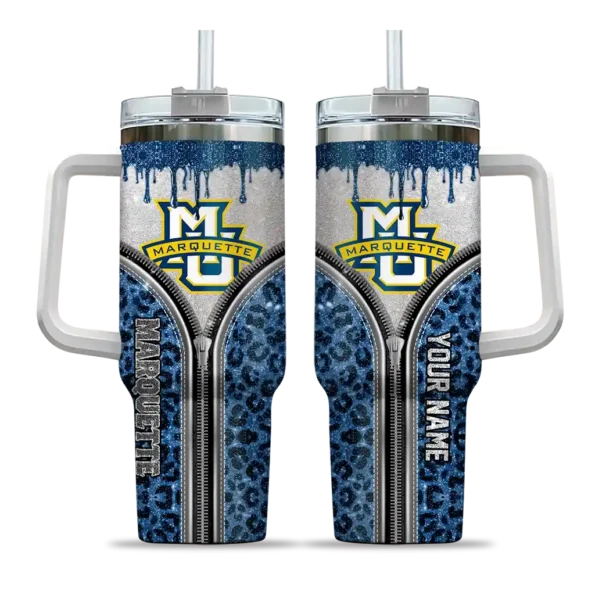 custom marquette golden eagles leopard zipper blue curved tumbler best selling.webp