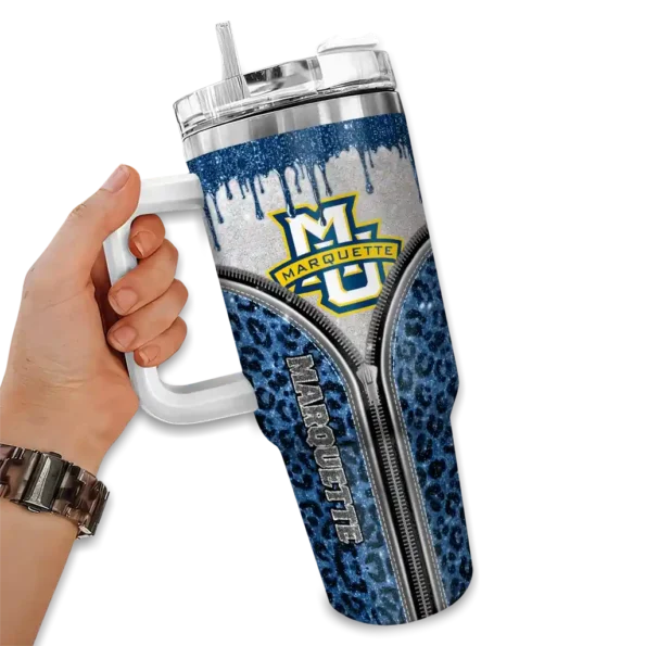 custom marquette golden eagles leopard zipper blue curved tumbler fashion forward.webp