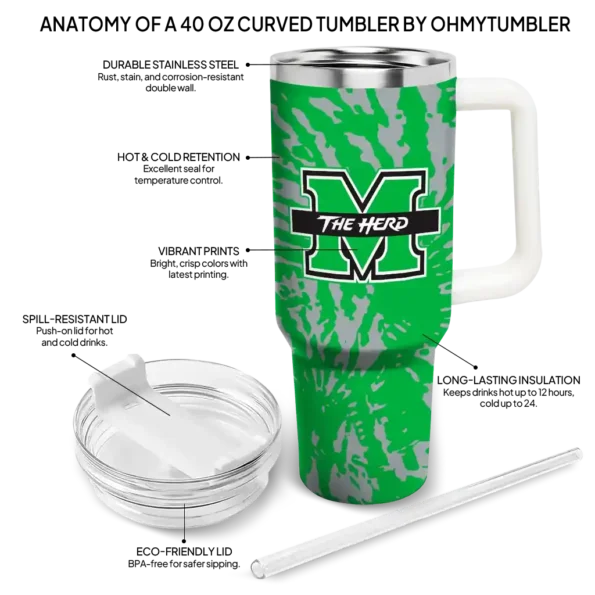 custom marshall thundering herd burst swirl green curved tumbler new arrival.webp