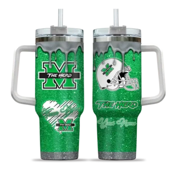 custom marshall thundering herd heart helmet motif green curved tumbler best selling.webp