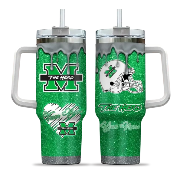 custom marshall thundering herd heart helmet motif green curved tumbler best selling.webp