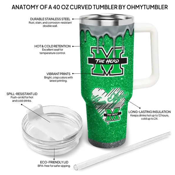 custom marshall thundering herd heart helmet motif green curved tumbler new arrival.webp
