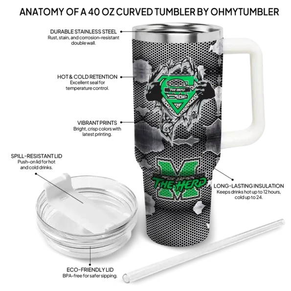custom marshall thundering herd superman shield green gray curved tumbler new arrival.webp