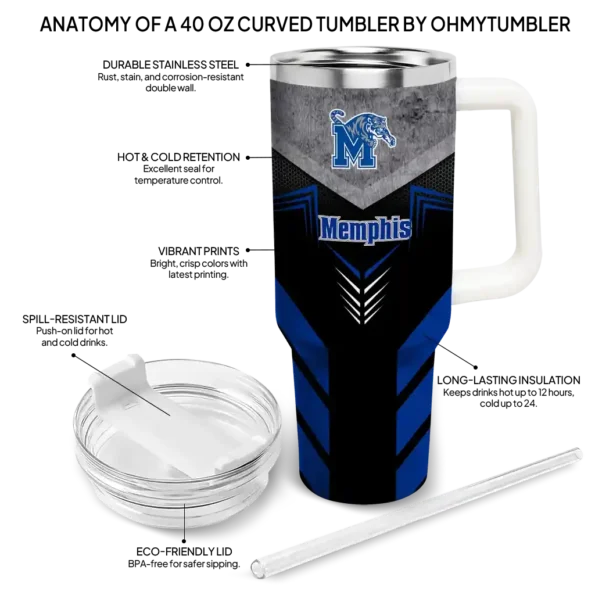custom memphis tigers arrow armor blue black curved tumbler new arrival.webp