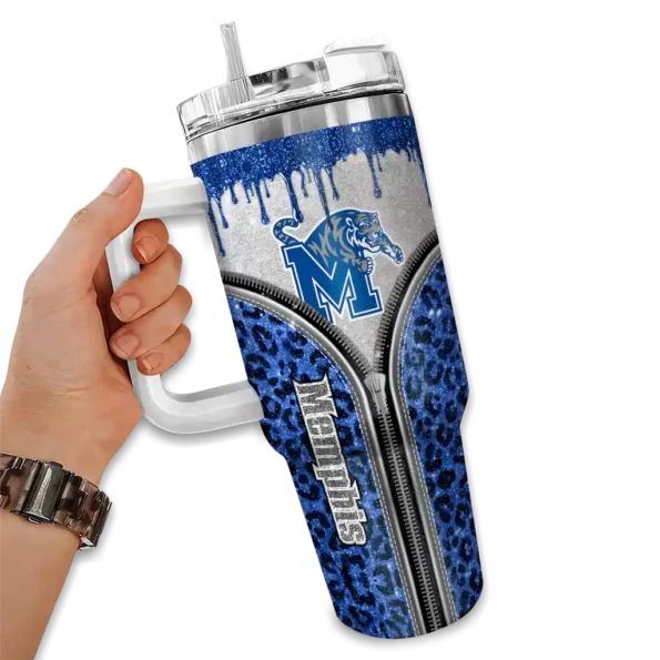 custom memphis tigers leopard zipper blue curved tumbler fashion forward.webp
