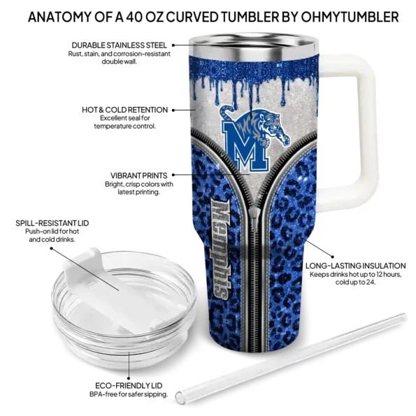 custom memphis tigers leopard zipper blue curved tumbler new arrival.webp