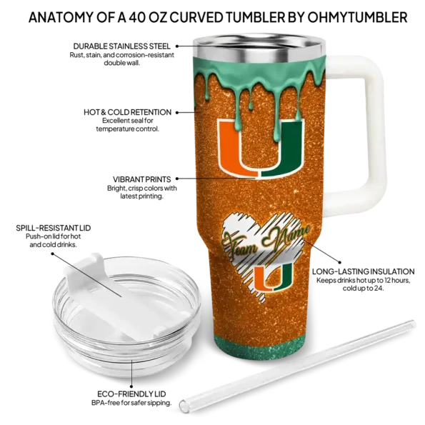 custom miami hurricanes heart helmet motif orange curved tumbler new arrival.webp