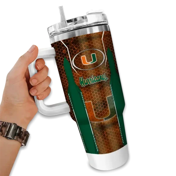 custom miami hurricanes hexagon armor orange curved tumbler fashion forward.webp