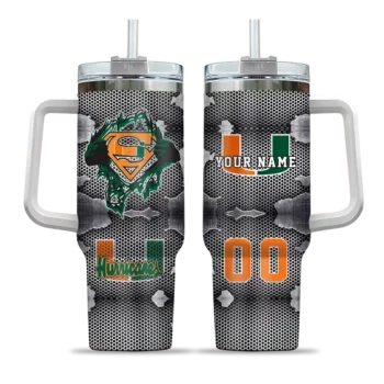 custom miami hurricanes superman shield orange gray curved tumbler best selling.webp