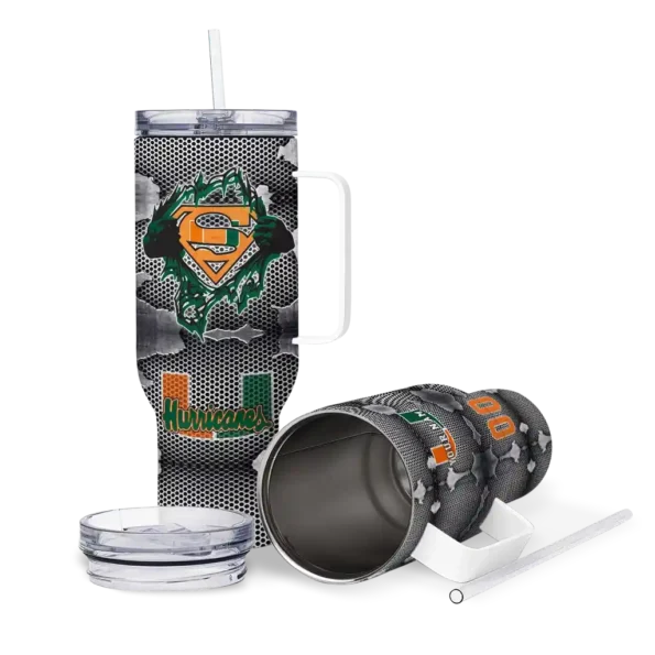 custom miami hurricanes superman shield orange gray curved tumbler high quality.webp