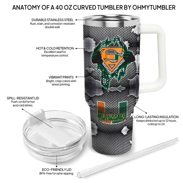 custom miami hurricanes superman shield orange gray curved tumbler new arrival.webp