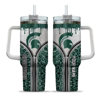 custom michigan state spartans leopard zipper green curved tumbler best selling.webp