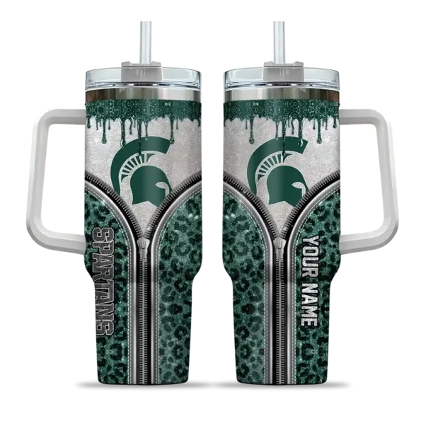 custom michigan state spartans leopard zipper green curved tumbler best selling.webp