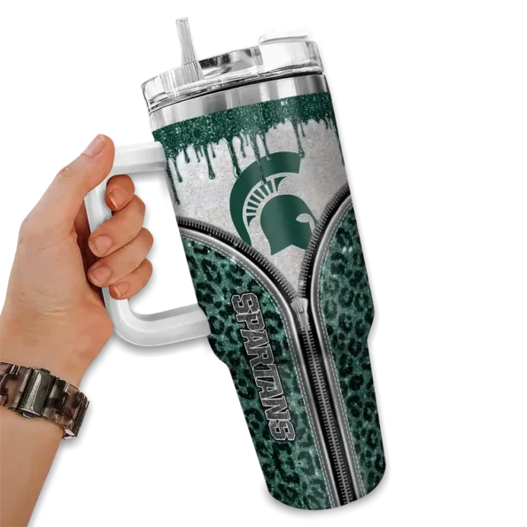 custom michigan state spartans leopard zipper green curved tumbler fashion forward.webp