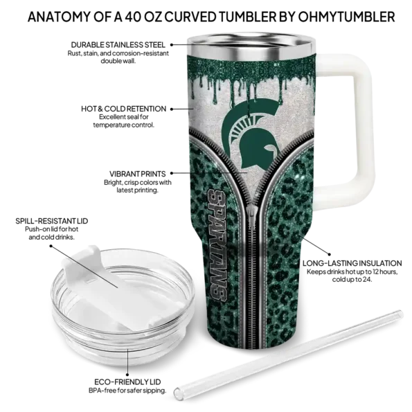 custom michigan state spartans leopard zipper green curved tumbler new arrival.webp