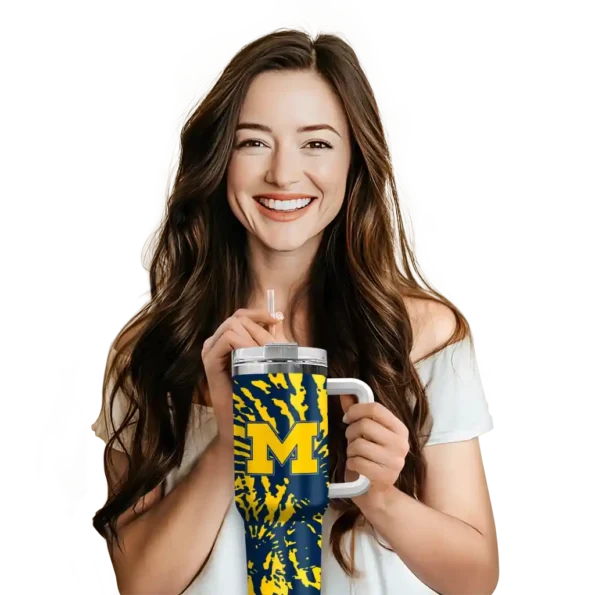 custom michigan wolverines burst swirl blue curved tumbler premium grade.webp