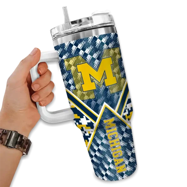 custom michigan wolverines chevron angle blue curved tumbler fashion forward.webp