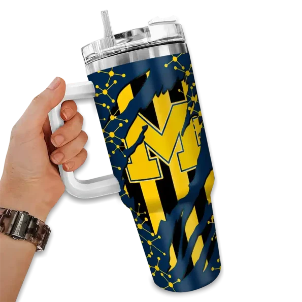 custom michigan wolverines claw cut blue black curved tumbler fashion forward.webp