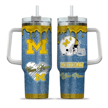 custom michigan wolverines heart helmet motif blue curved tumbler best selling.webp