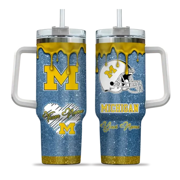 custom michigan wolverines heart helmet motif blue curved tumbler best selling.webp