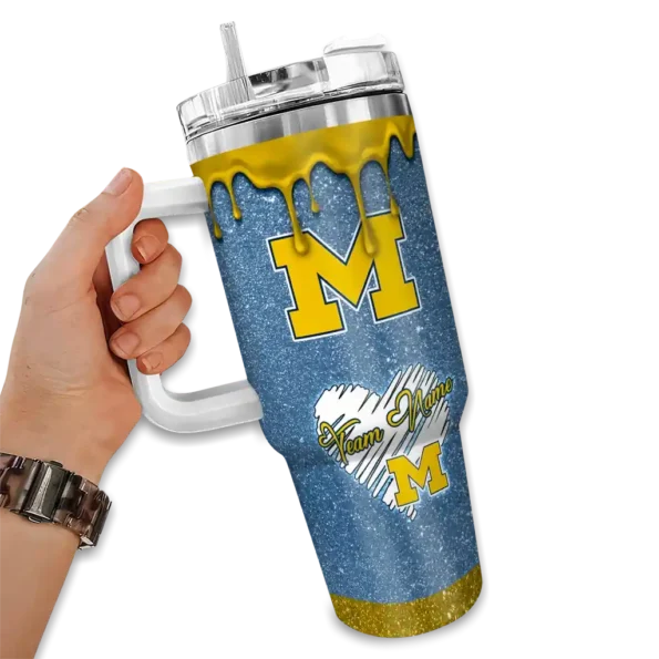 custom michigan wolverines heart helmet motif blue curved tumbler fashion forward.webp
