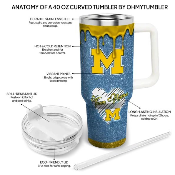 custom michigan wolverines heart helmet motif blue curved tumbler new arrival.webp