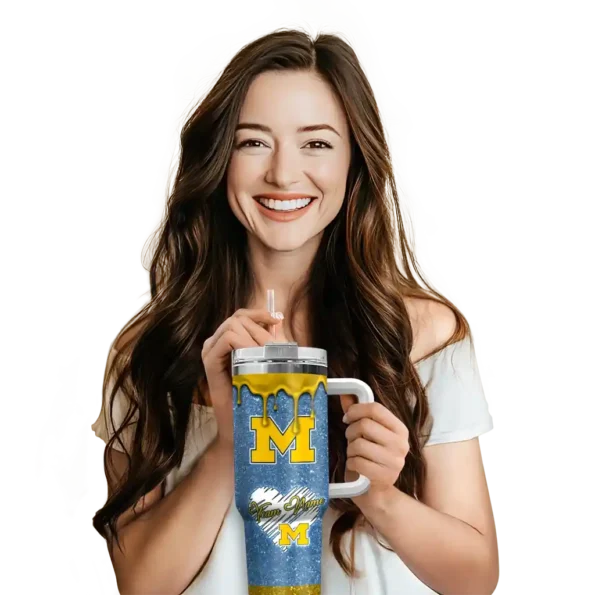 custom michigan wolverines heart helmet motif blue curved tumbler premium grade.webp
