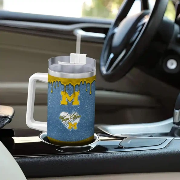 custom michigan wolverines heart helmet motif blue curved tumbler trendy.webp