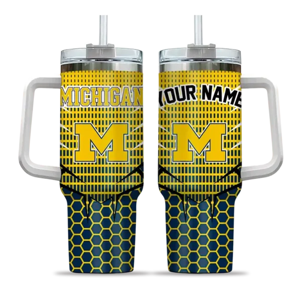 custom michigan wolverines hex texture blue curved tumbler best selling.webp