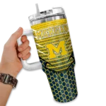 custom michigan wolverines hex texture blue curved tumbler best selling.webp