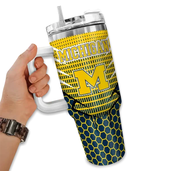 custom michigan wolverines hex texture blue curved tumbler fashion forward.webp