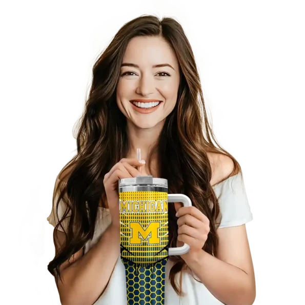 custom michigan wolverines hex texture blue curved tumbler premium grade.webp