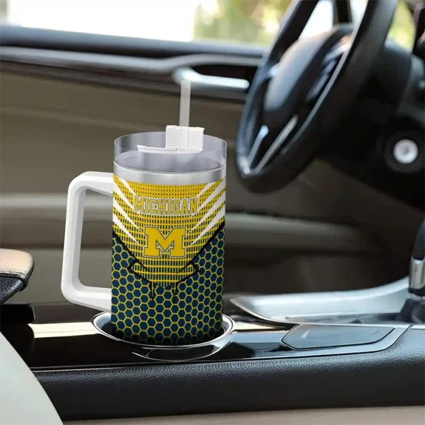 custom michigan wolverines hex texture blue curved tumbler trendy.webp