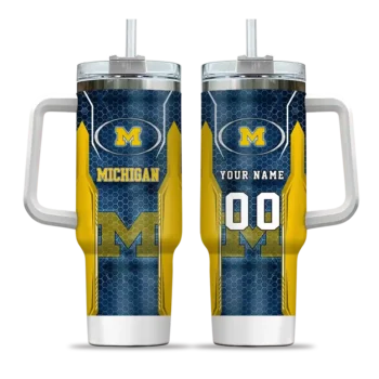 custom michigan wolverines hexagon armor blue curved tumbler best selling.webp